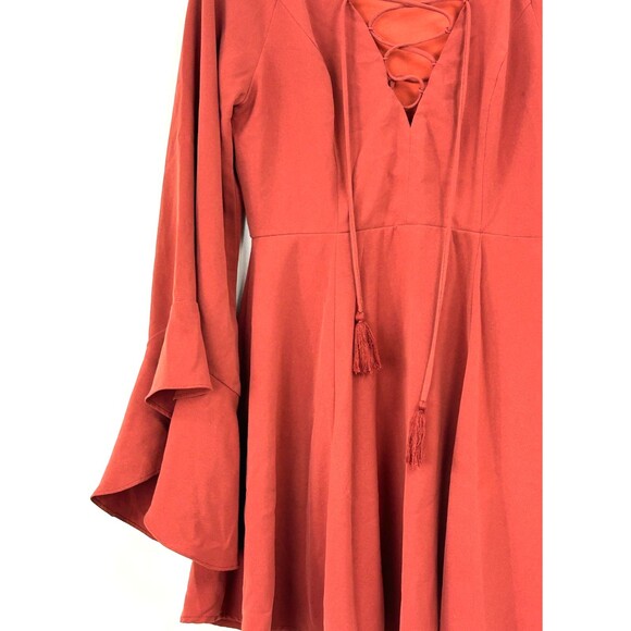 DO + BE Womens Rust Dress Layered Lined Bell Sleeve Lace Tie Mini Sz M 1198N3 - Picture 10 of 12